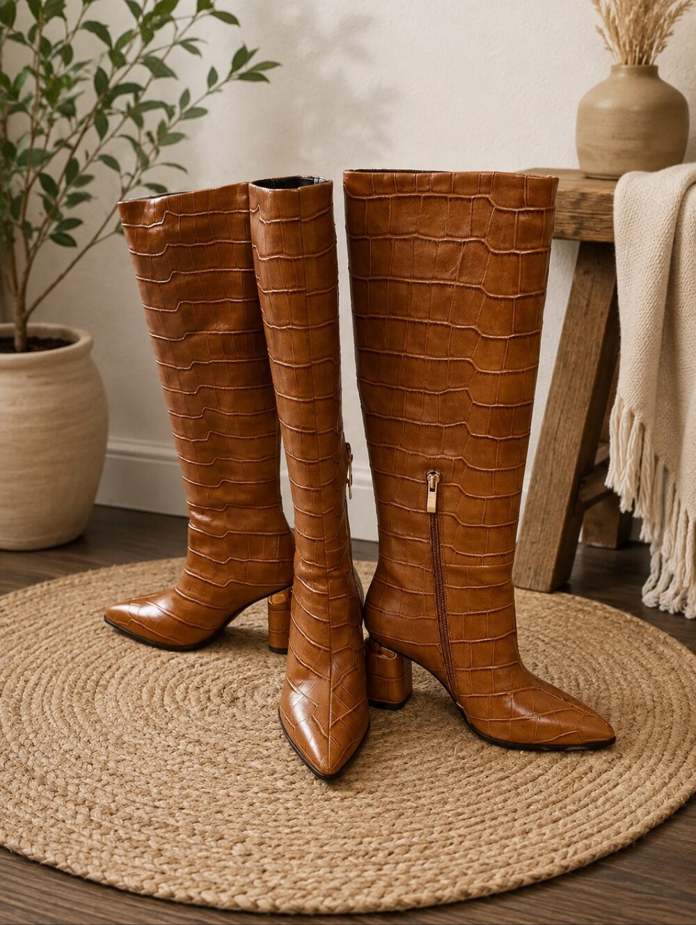 Cognac Croc-Embossed Knee-High Heeled Boots